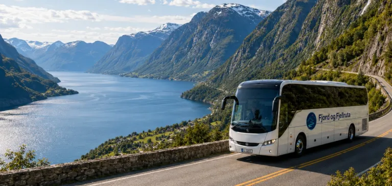Fjord og Fjellruta bus by the fjord