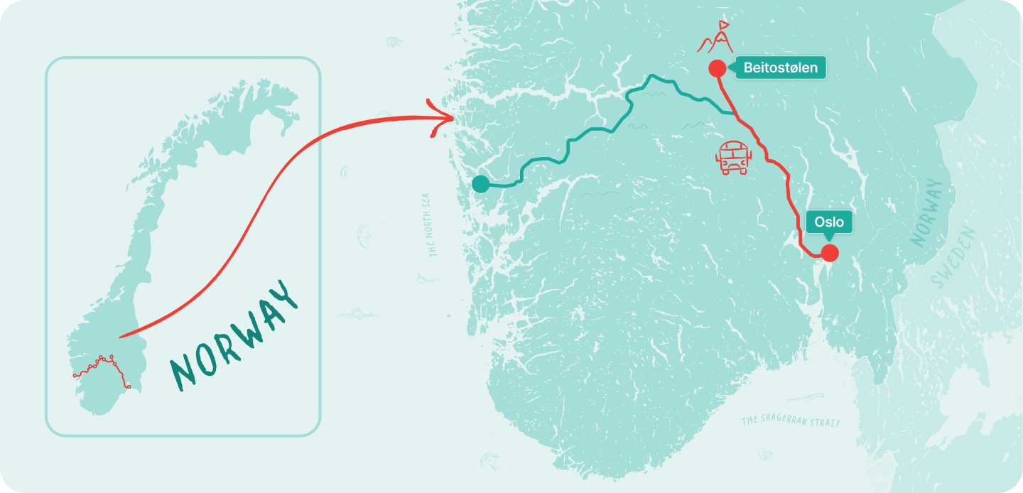 Map showing the route in Norway
