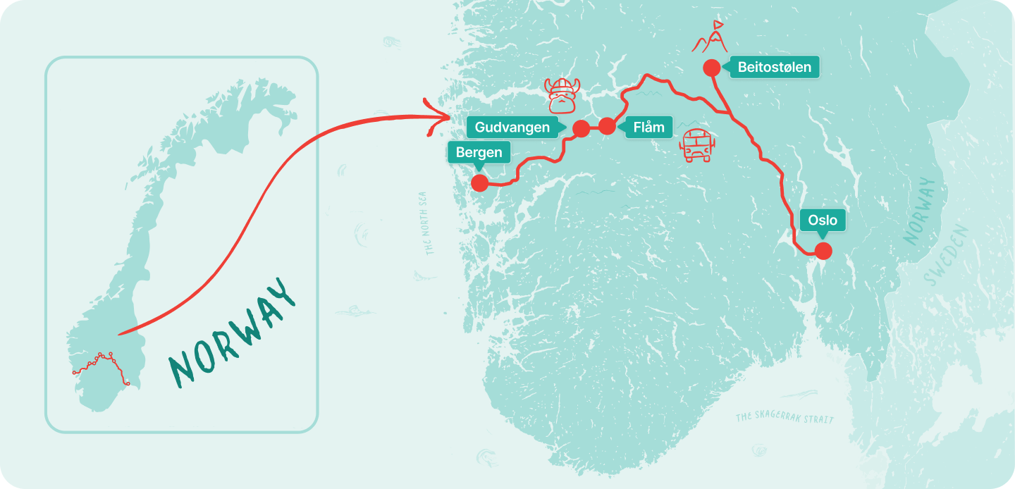 Map showing the route in Norway